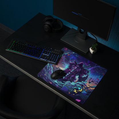 Neon vaporwave gaming mouse pad with vibrant purple and blue anime-style character design for desktop use