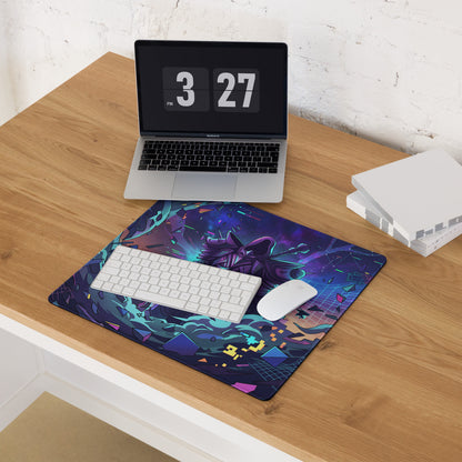 Neon vaporwave gaming mouse pad with vibrant purple and teal cyberpunk character design for desk use