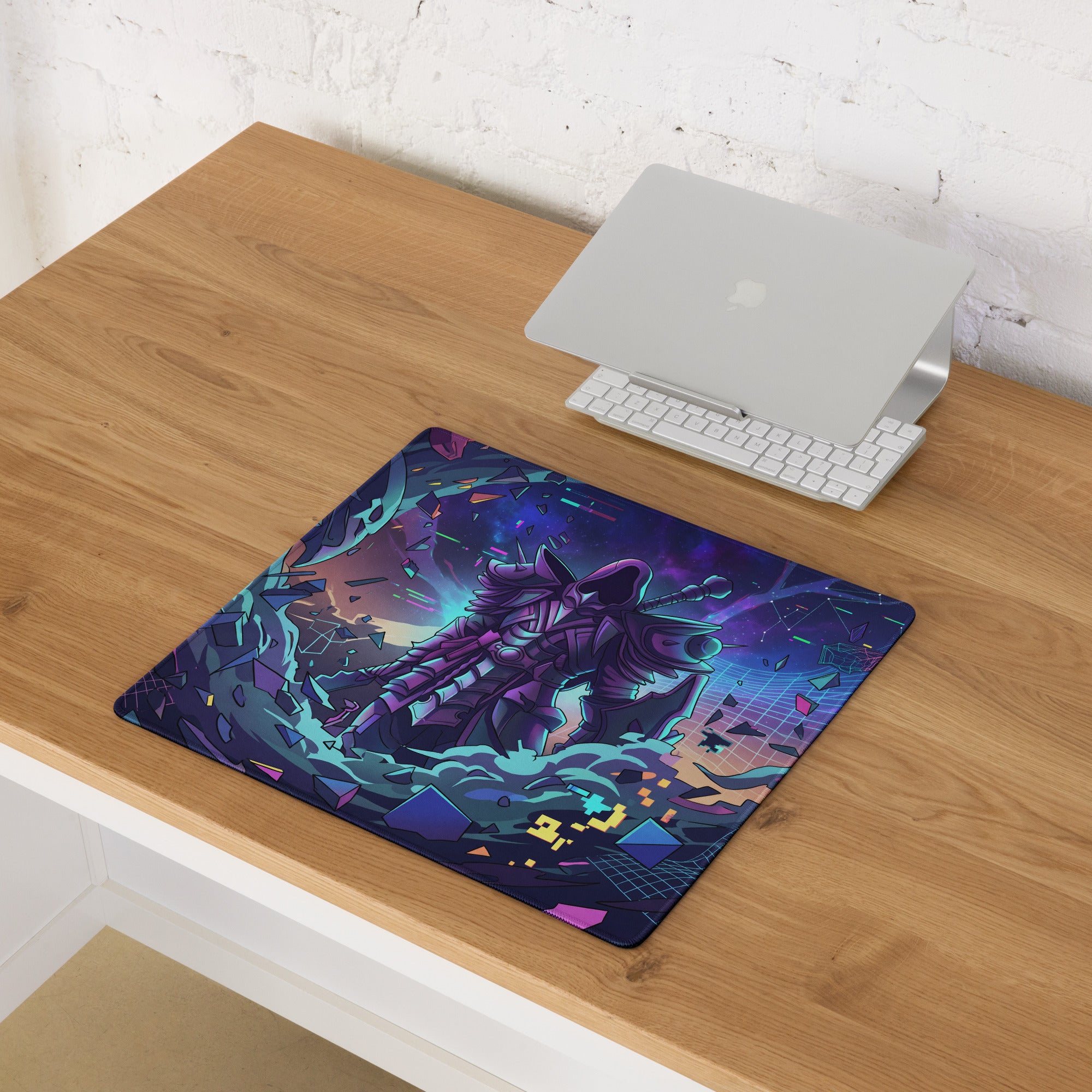 A vibrant neon vaporwave gaming mouse pad with purple teal futuristic warrior digital art and cosmic background