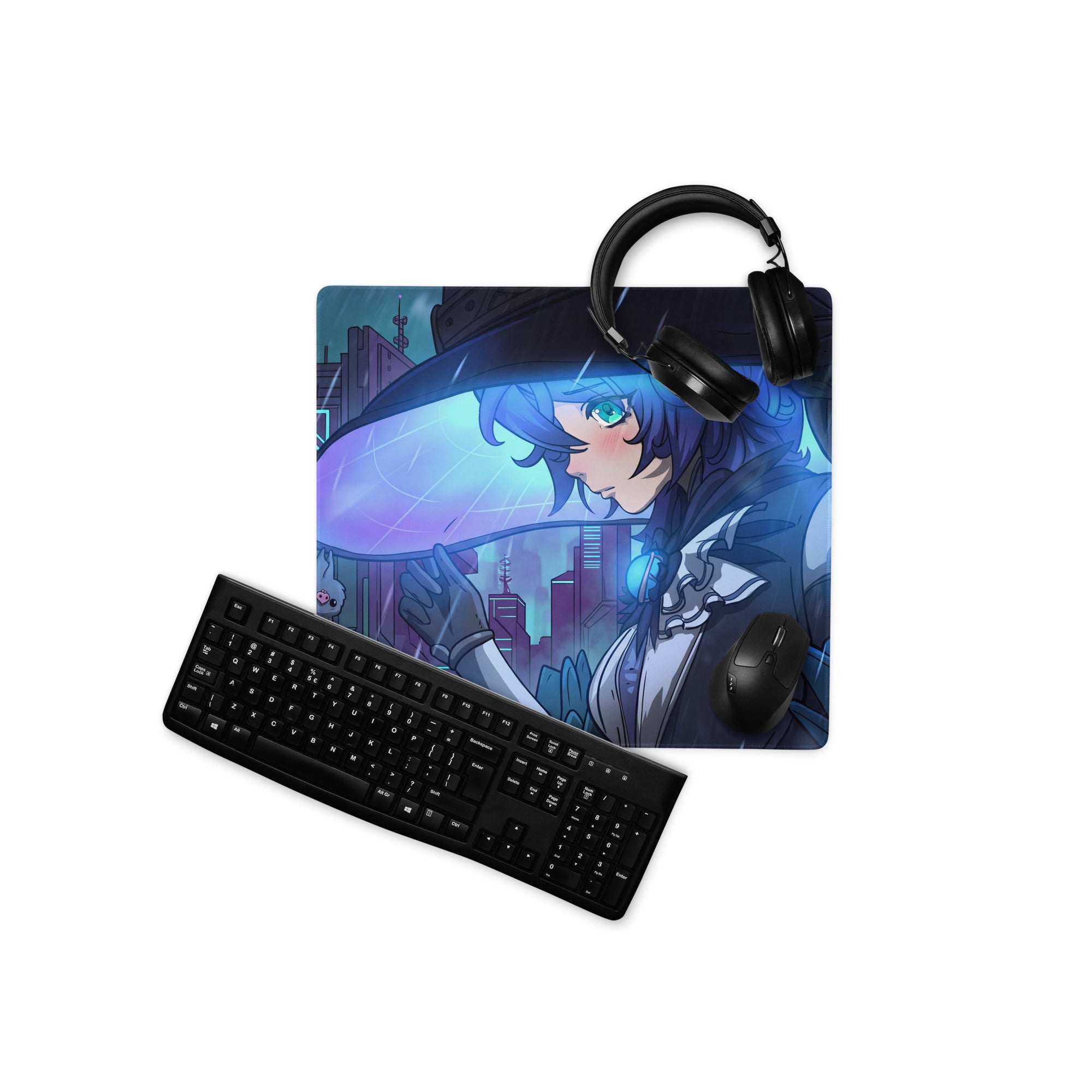 Blue and purple anime-themed gaming mousepad with glowing green eyed character under umbrella for neon city gamer desk