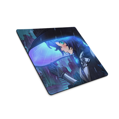 Blue and purple vaporwave neon city gaming mouse pad featuring anime character with green eyes under glowing umbrella