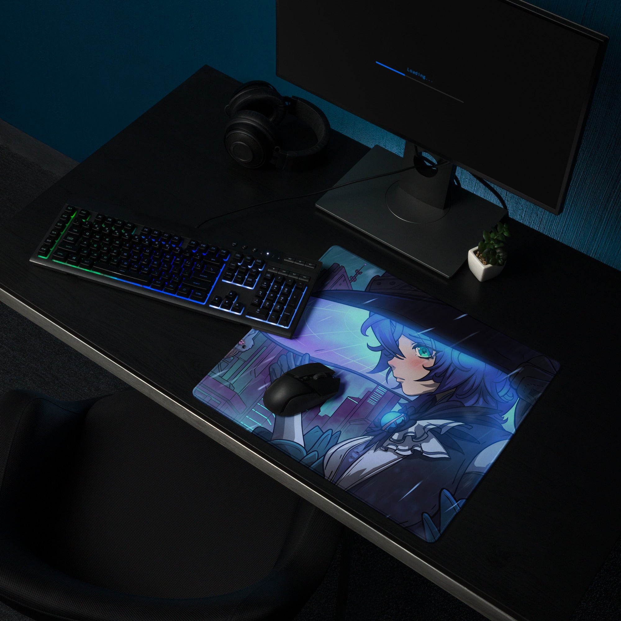 Vaporwave neon city gamer pad mouse pad with anime character blue hair green eyes cityscape neon blue purple design