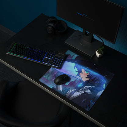 Vaporwave neon city gamer pad mouse pad with anime character blue hair green eyes cityscape neon blue purple design