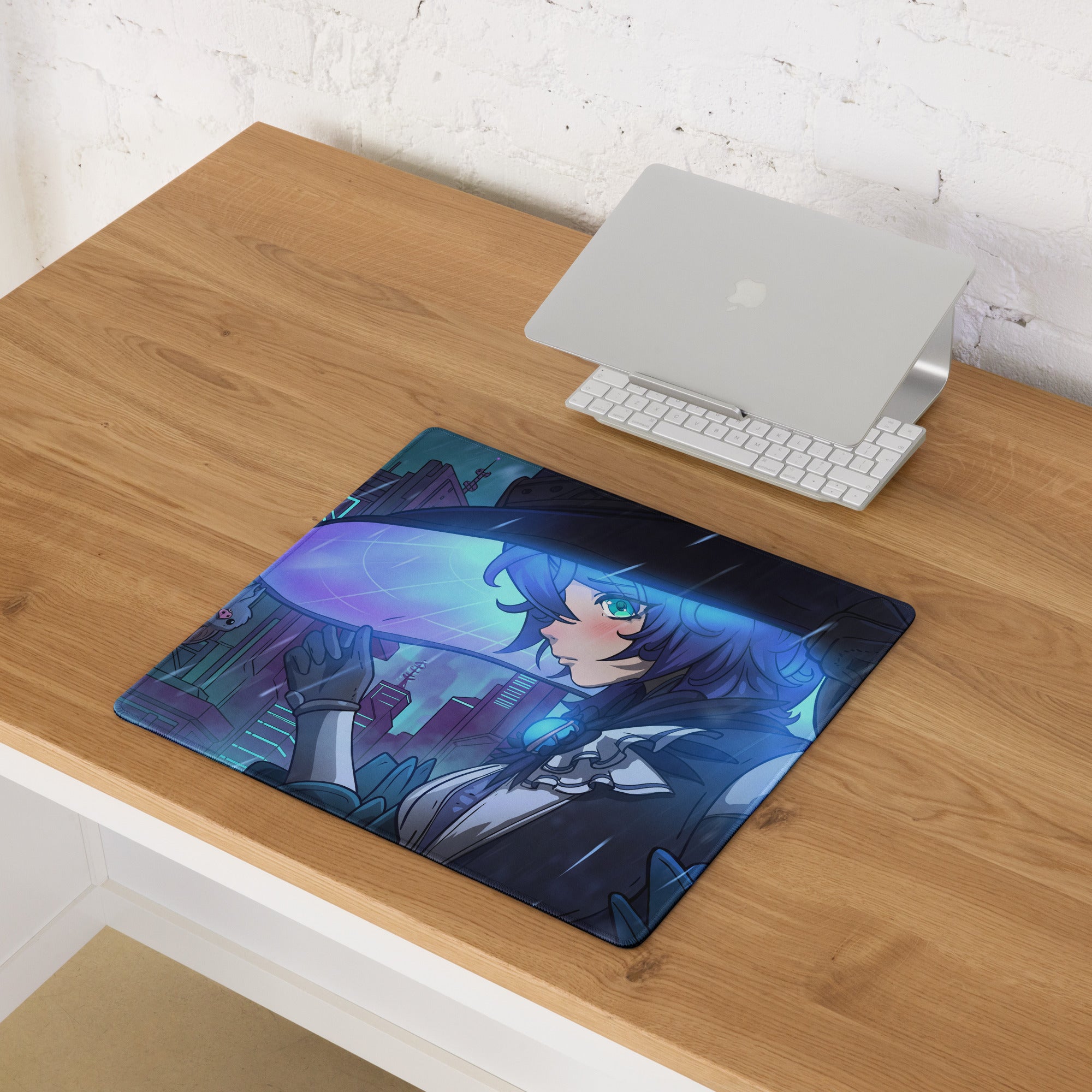 Vaporwave neon city gamer pad mouse pad with a glossy finish featuring blue and purple anime character design
