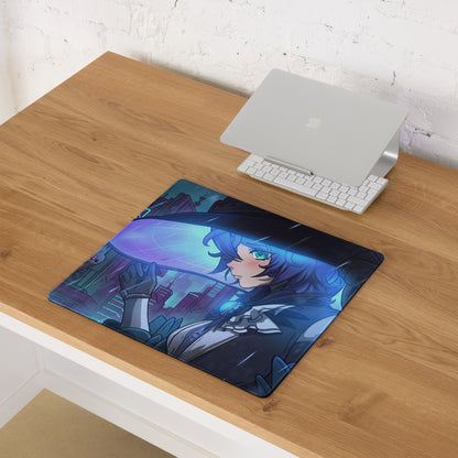 Vaporwave neon city gamer pad mouse pad with a glossy finish featuring blue and purple anime character design
