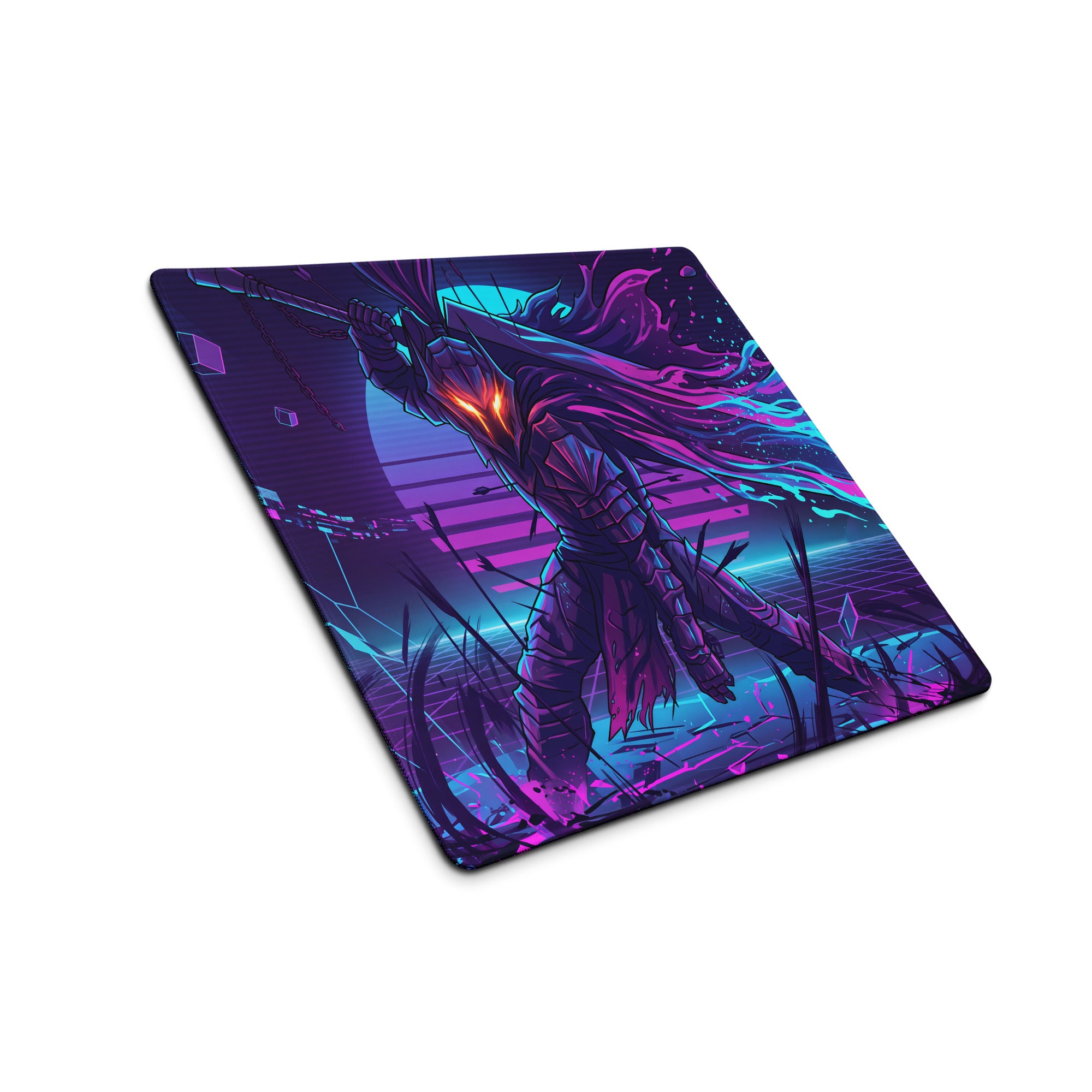 Neon knight vaporwave mouse pad featuring a nebula-themed stylized warrior in glowing armor on a purple cyan cyberpunk background