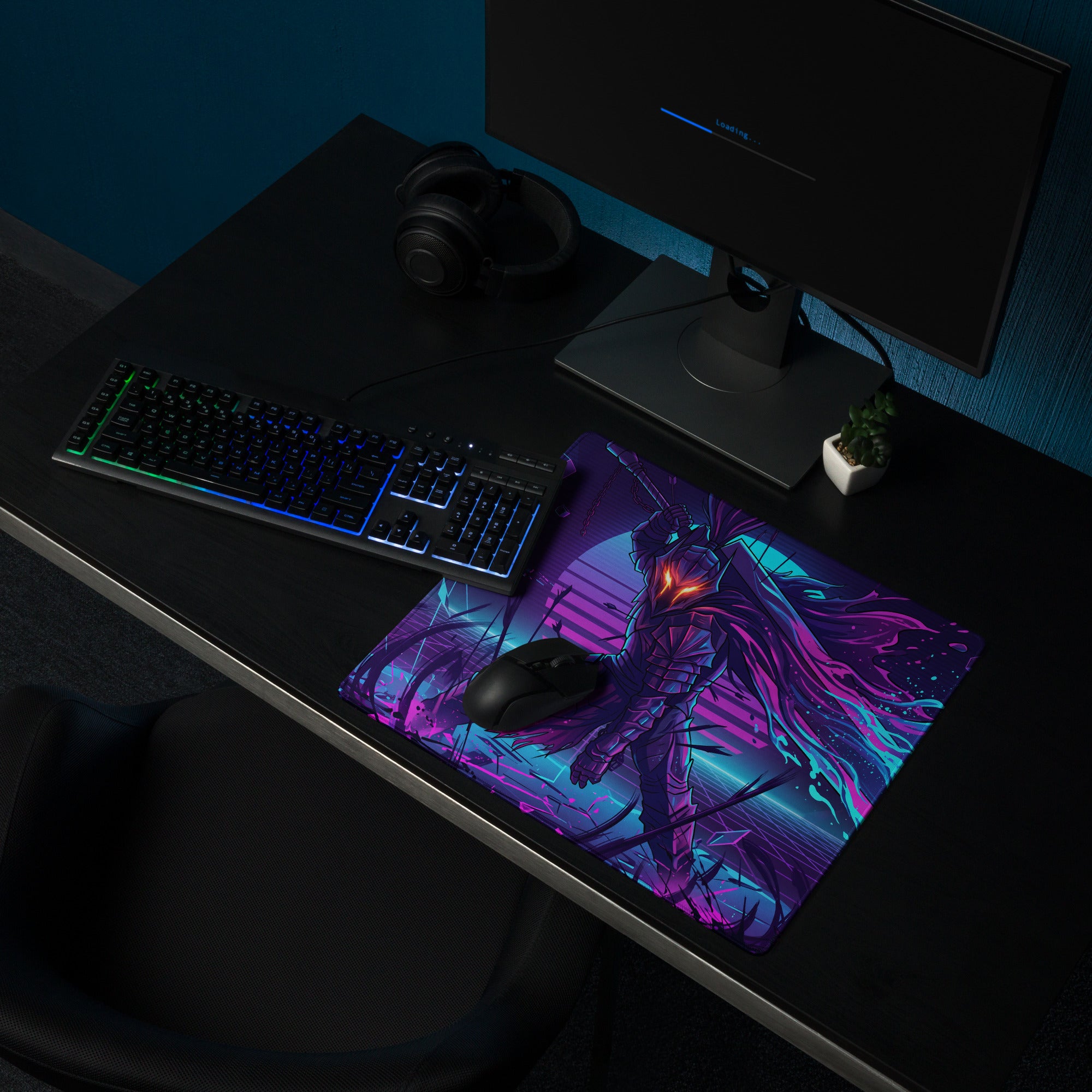 Neon knight vaporwave mouse pad with vibrant purple and cyan neon colors featuring a stylized armored figure with glowing red eyes