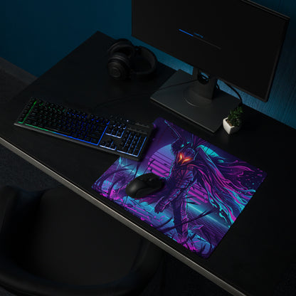 Neon knight vaporwave mouse pad with vibrant purple and cyan neon colors featuring a stylized armored figure with glowing red eyes