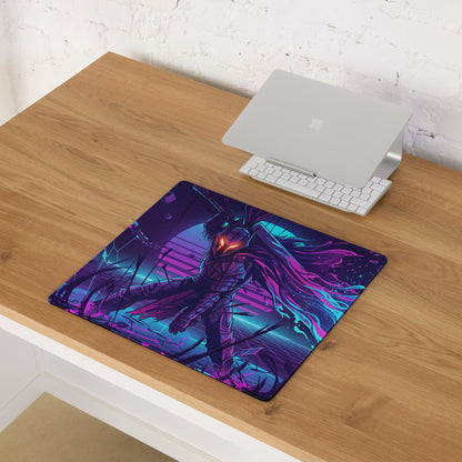 Neon knight vaporwave mouse pad with vibrant purple and teal neon colors featuring a stylized anime character