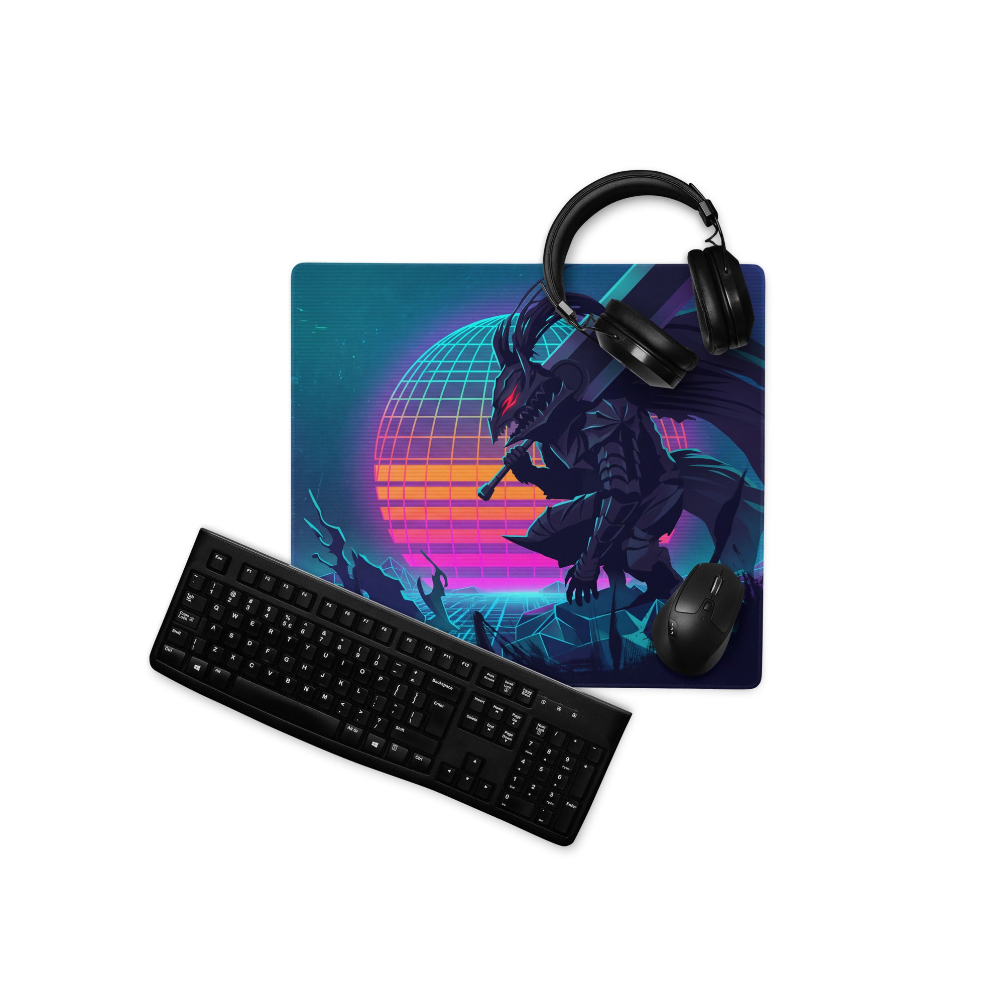 Vaporwave dragon neon gaming mouse pad with vibrant retro-futuristic neon gradients and dark figure on glowing globe background