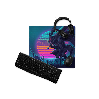 Vaporwave dragon neon gaming mouse pad with vibrant retro-futuristic neon gradients and dark figure on glowing globe background