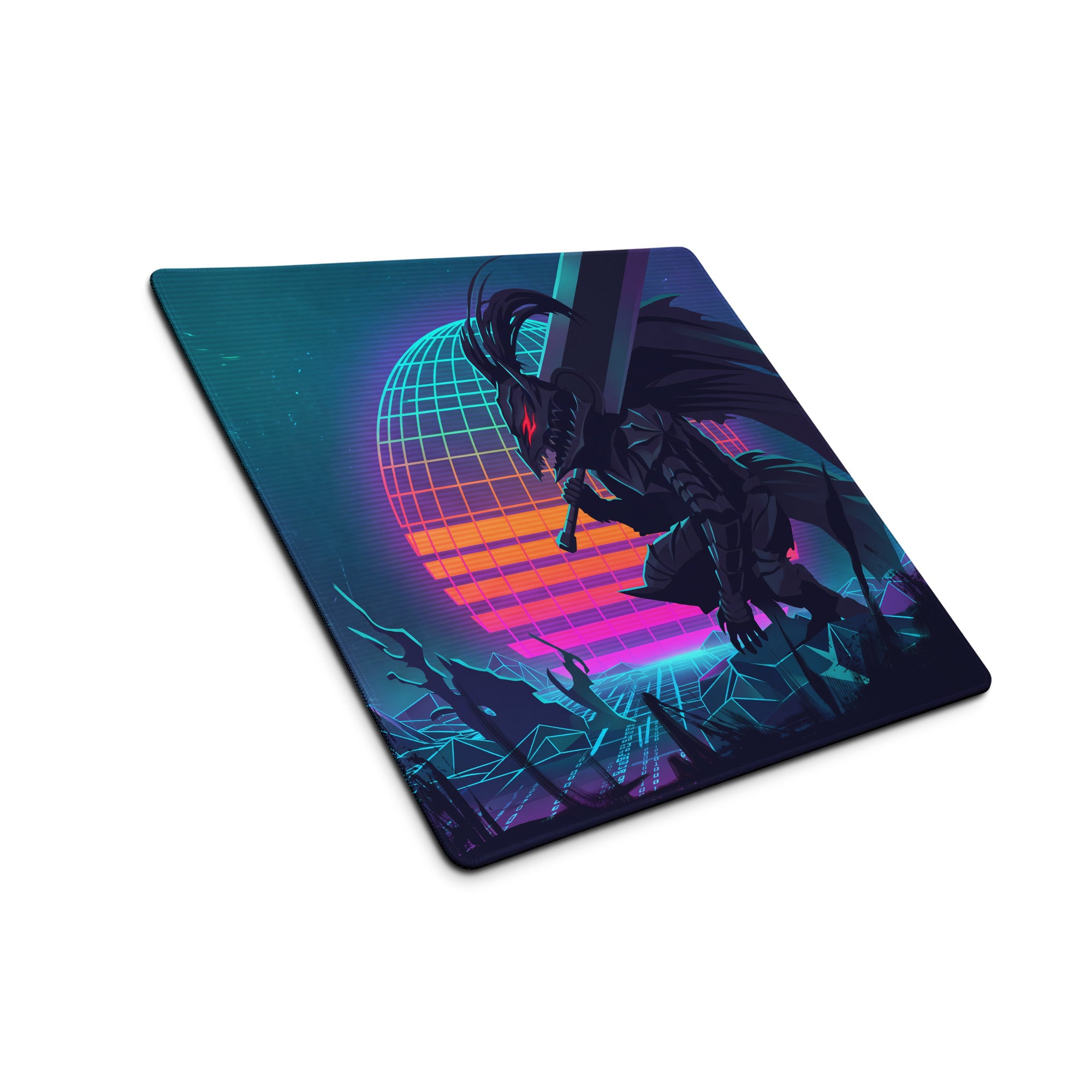 Vaporwave dragon neon gaming mouse pad featuring a ninjago character with sword against teal magenta disco ball background