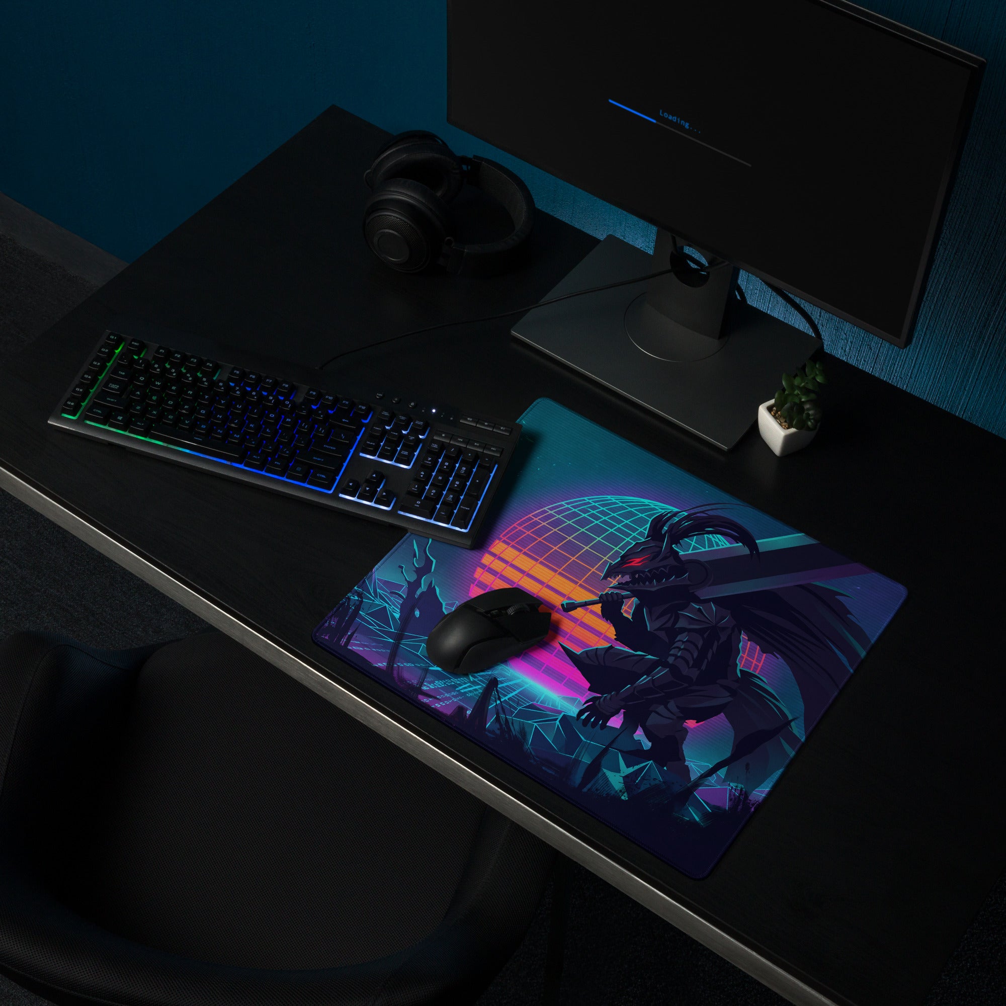 Nebula-themed vaporwave dragon neon gaming mousepad with glowing pink cyan gradients and black armored character design