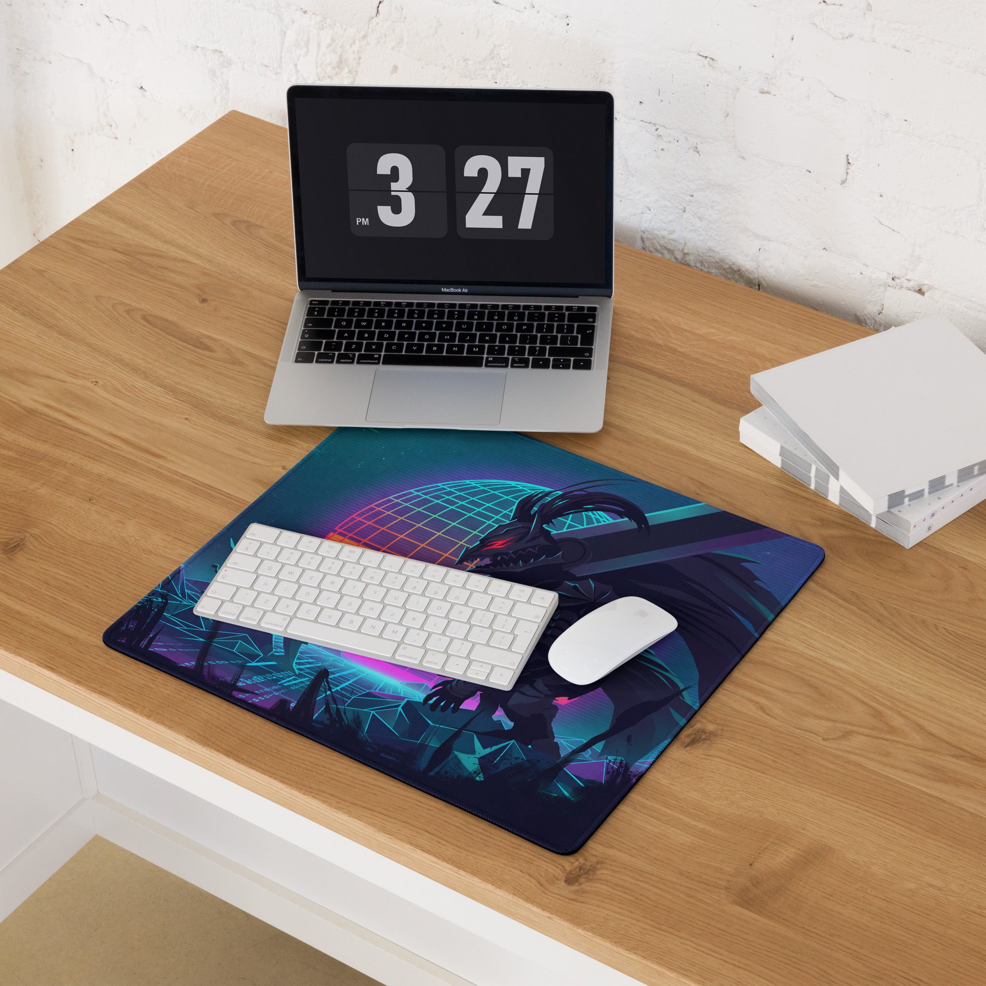Vaporwave dragon neon gaming mouse pad with dark stylized dragon and glowing purple teal geometric patterns