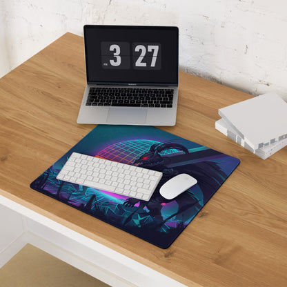 Vaporwave dragon neon gaming mouse pad with dark stylized dragon and glowing purple teal geometric patterns