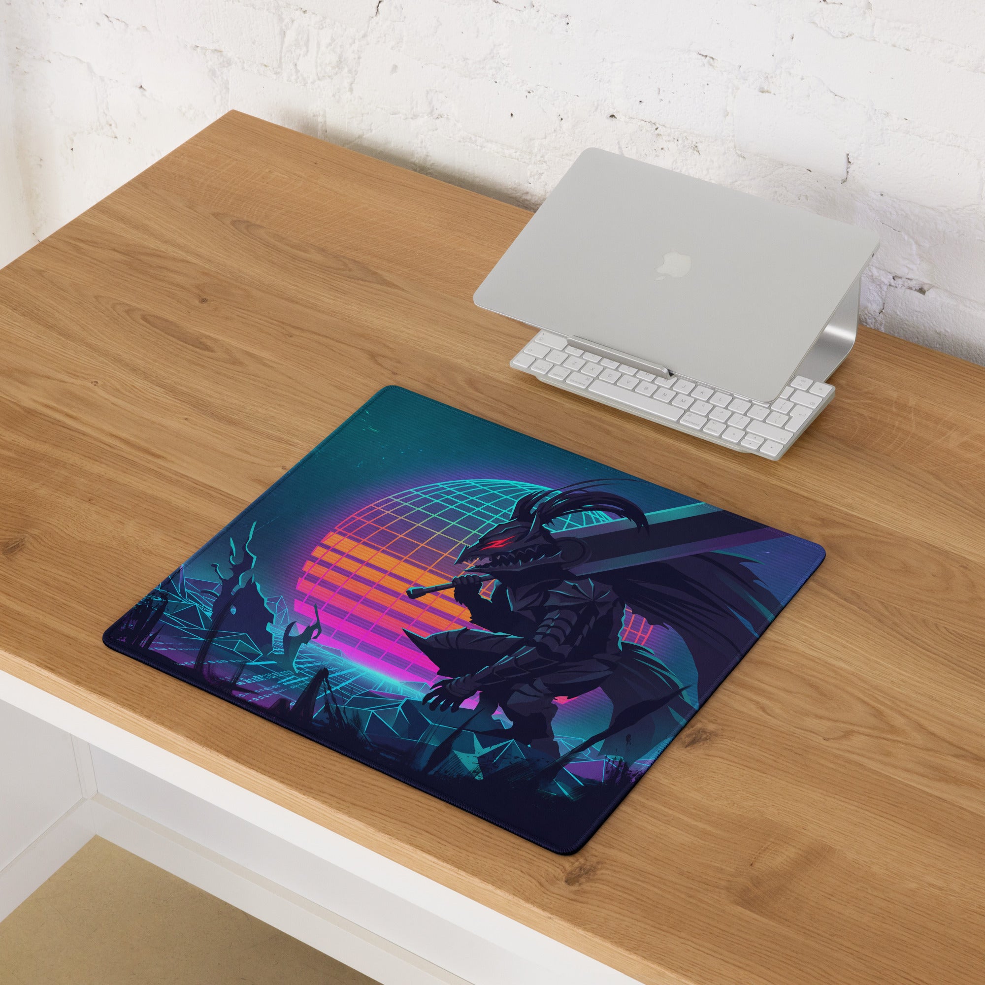 Navy blue rectangular vaporwave dragon neon gaming mouse pad featuring a retro-futuristic dark armored figure design