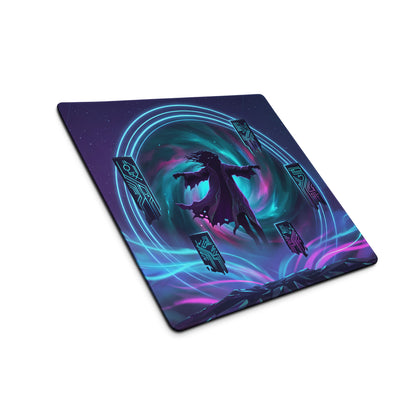 A rectangular vaporwave neon gaming mouse pad with cosmic purple blue design and glowing energy rings for desk use
