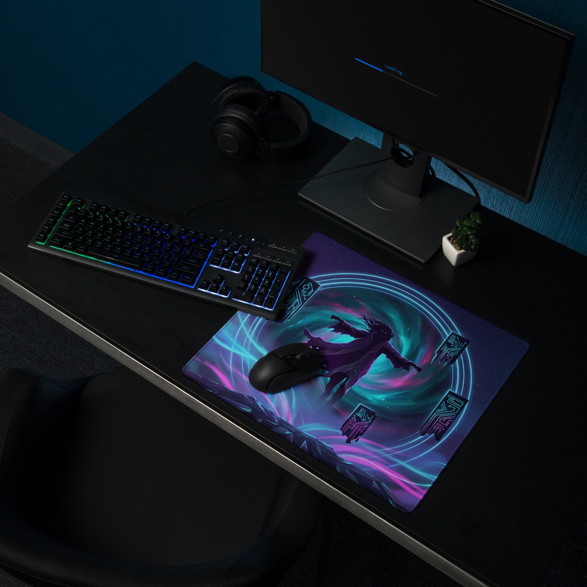 Vaporwave neon gaming mouse pad with vibrant neon purple and teal colors featuring dynamic character design and glowing patterns