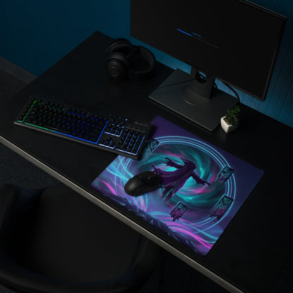 Vaporwave neon gaming mouse pad with vibrant neon purple and teal colors featuring dynamic character design and glowing patterns