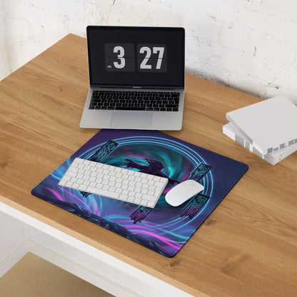 Vaporwave neon gaming mouse pad with vibrant purple and blue cosmic design featuring a dark figure in flight