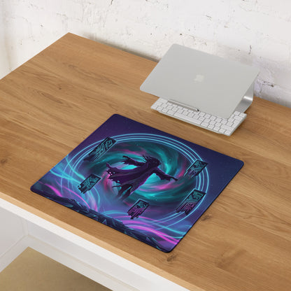 Vibrant purple and teal vaporwave neon gaming mouse pad featuring a cosmic-themed dynamic character design