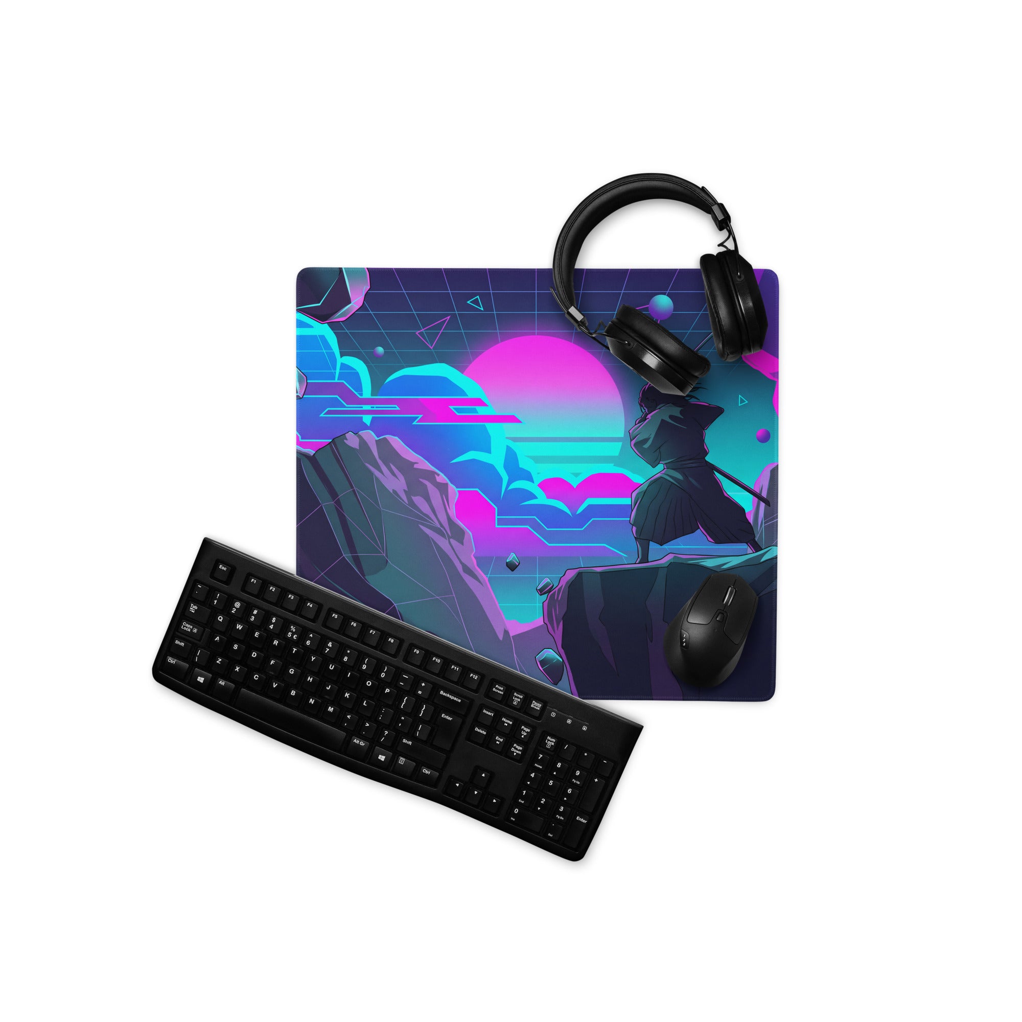 Neon vaporwave gaming mouse pad with vibrant pink and cyan colors featuring a cyberpunk ninja silhouette design