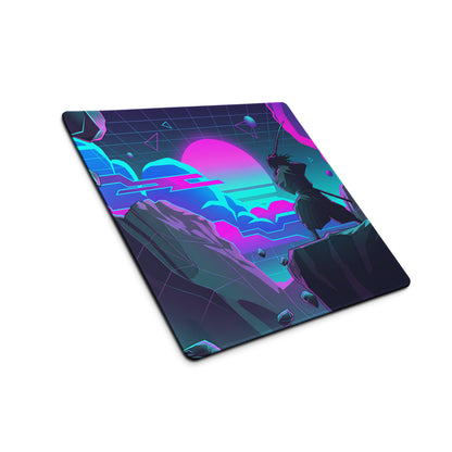 Neon vaporwave gaming mousepad with vibrant pink and cyan cyberpunk design featuring a warrior silhouette on rocks