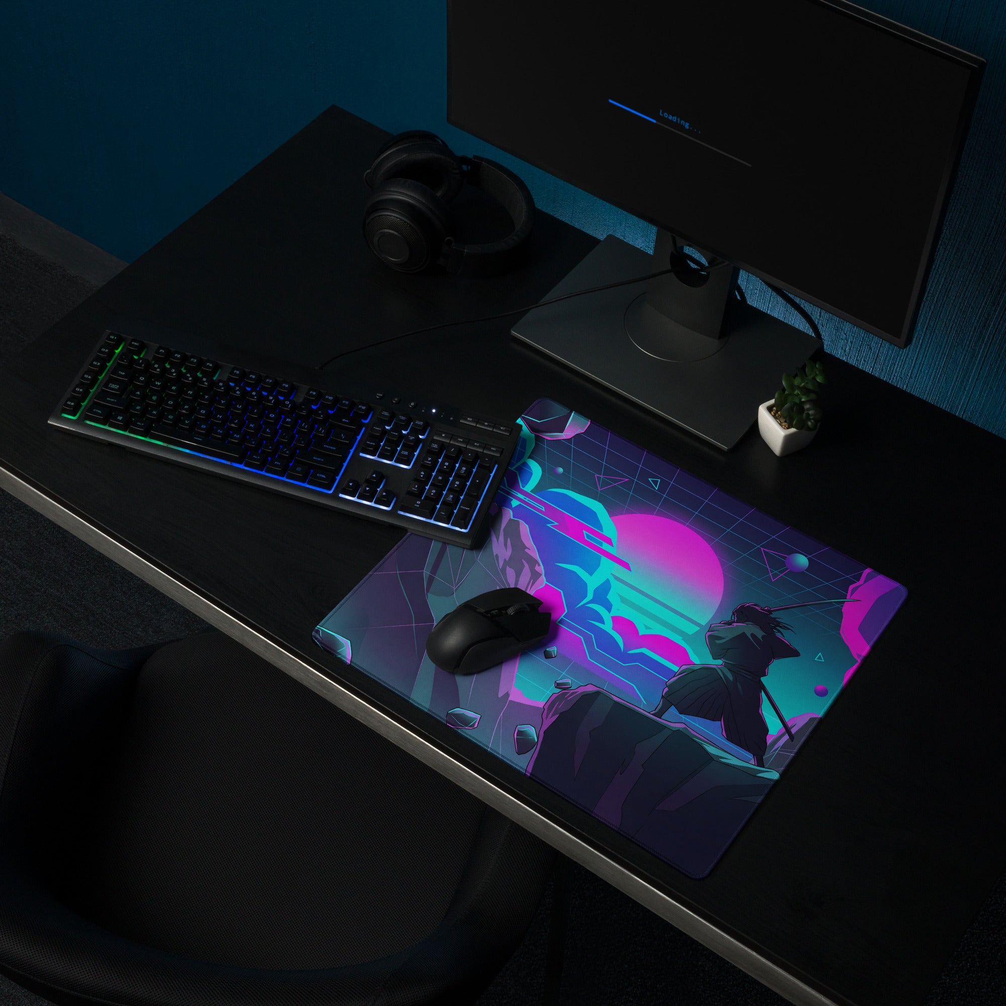 A vibrant neon vaporwave mouse pad with a futuristic anime character in pink and cyan cosmic hues for gaming desks