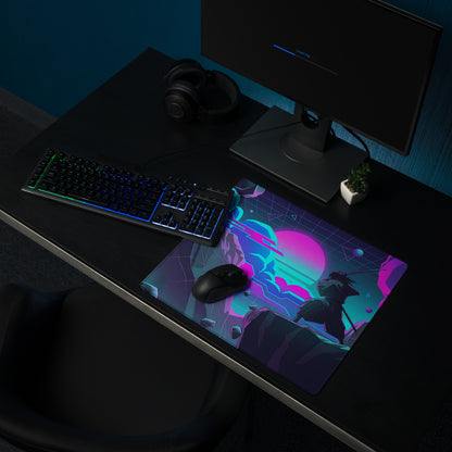 A vibrant neon vaporwave mouse pad with a futuristic anime character in pink and cyan cosmic hues for gaming desks