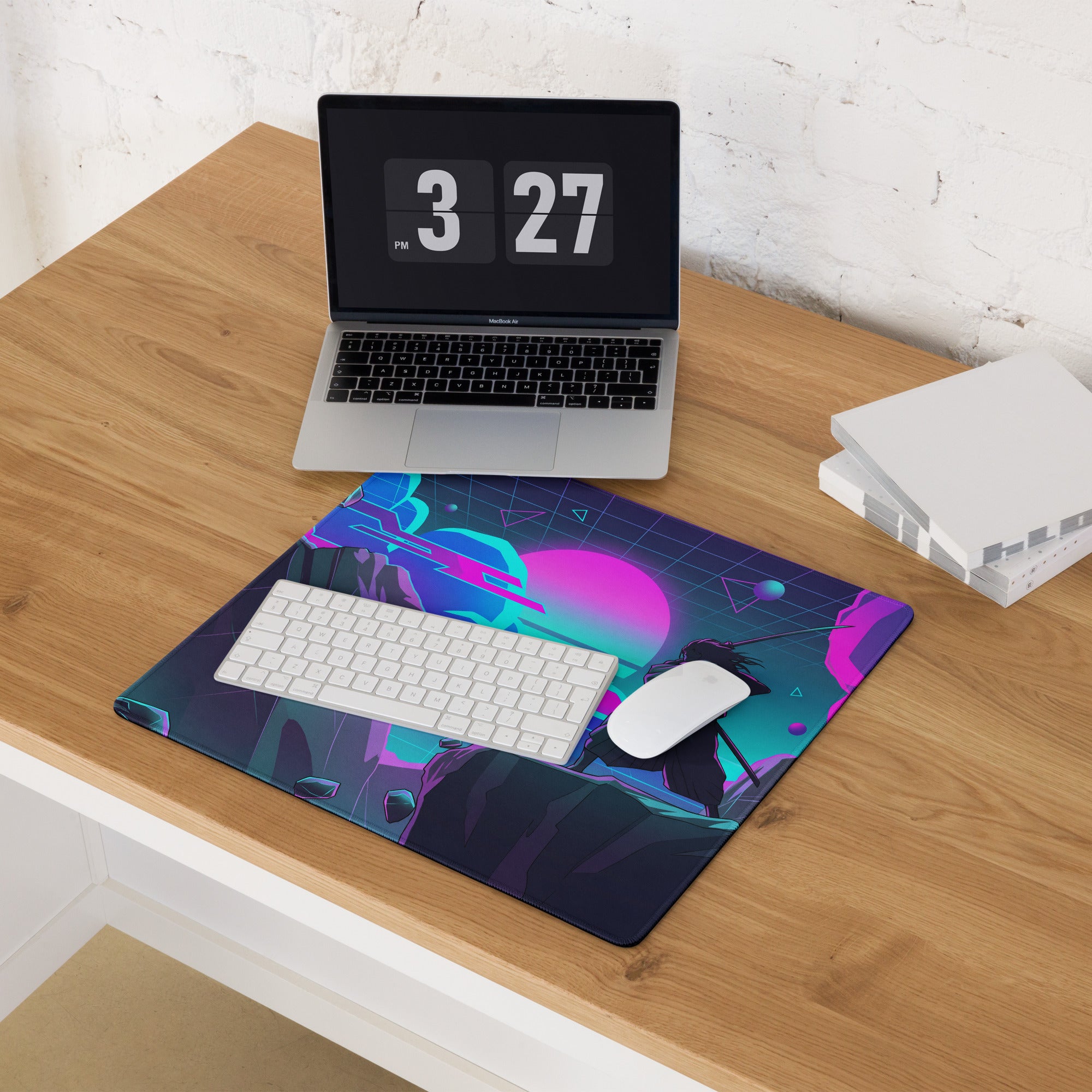 Neon vaporwave mouse pad with vibrant glowing pink and teal galaxy design and silhouette figure for gaming desk decor