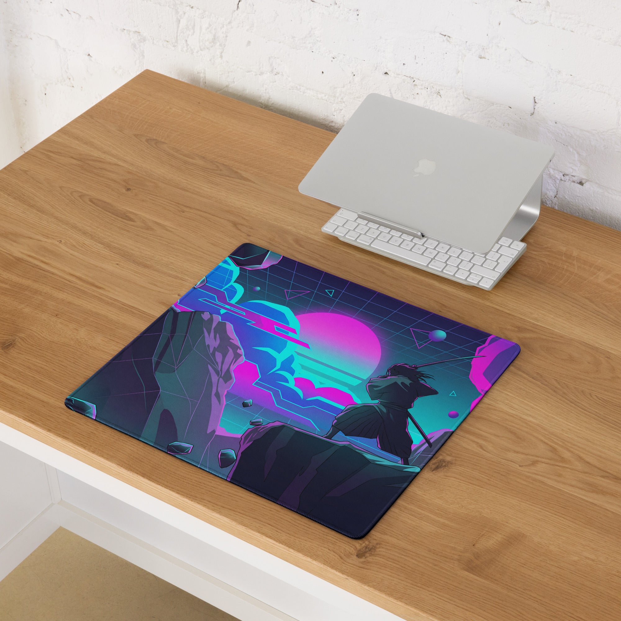 Navy blue and neon pink cyberpunk neon vaporwave mouse pad with stylized silhouette and geometric landscapes for gaming desk decor