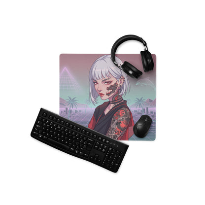Rectangular gaming mousepad featuring a vaporwave neon anime girl with silver hair and cyberpunk cityscape in pink teal hues