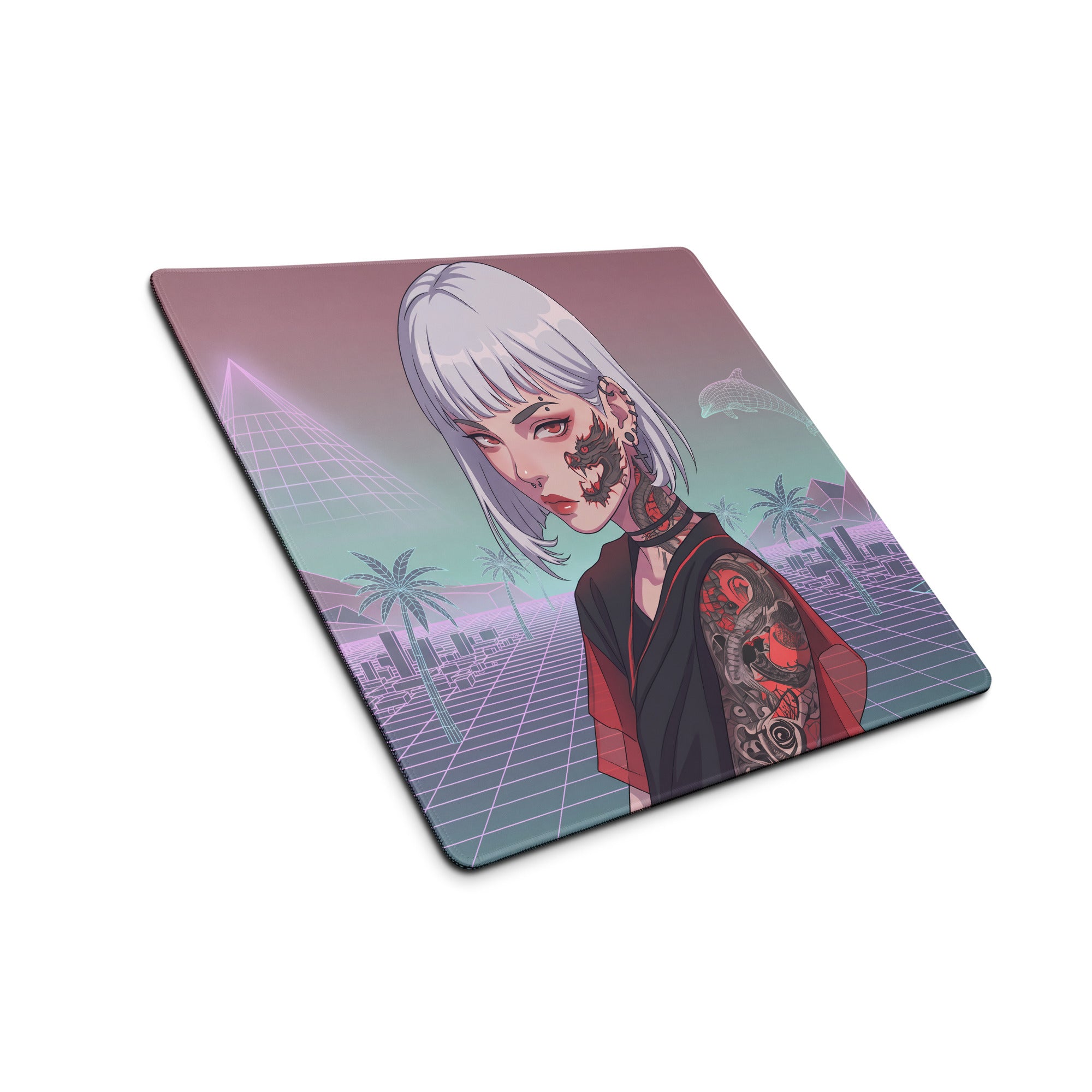 Vaporwave neon desk pad featuring a square mousepad with a retro-futuristic anime woman in purple pink teal hues