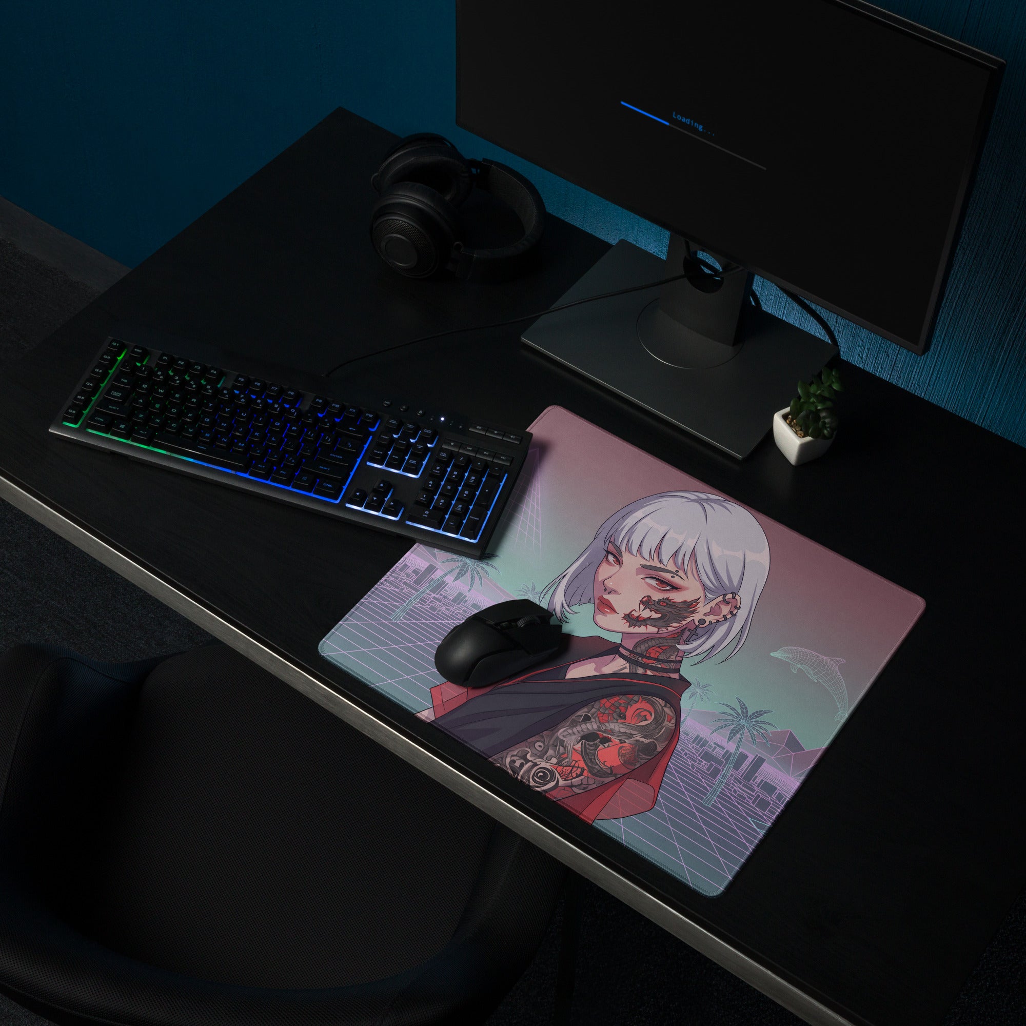 Rectangular vaporwave neon desk pad featuring a silver-haired anime girl with tattoos in pastel purple pink teal hues