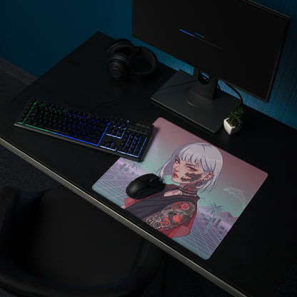 Rectangular vaporwave neon desk pad featuring a silver-haired anime girl with tattoos in pastel purple pink teal hues