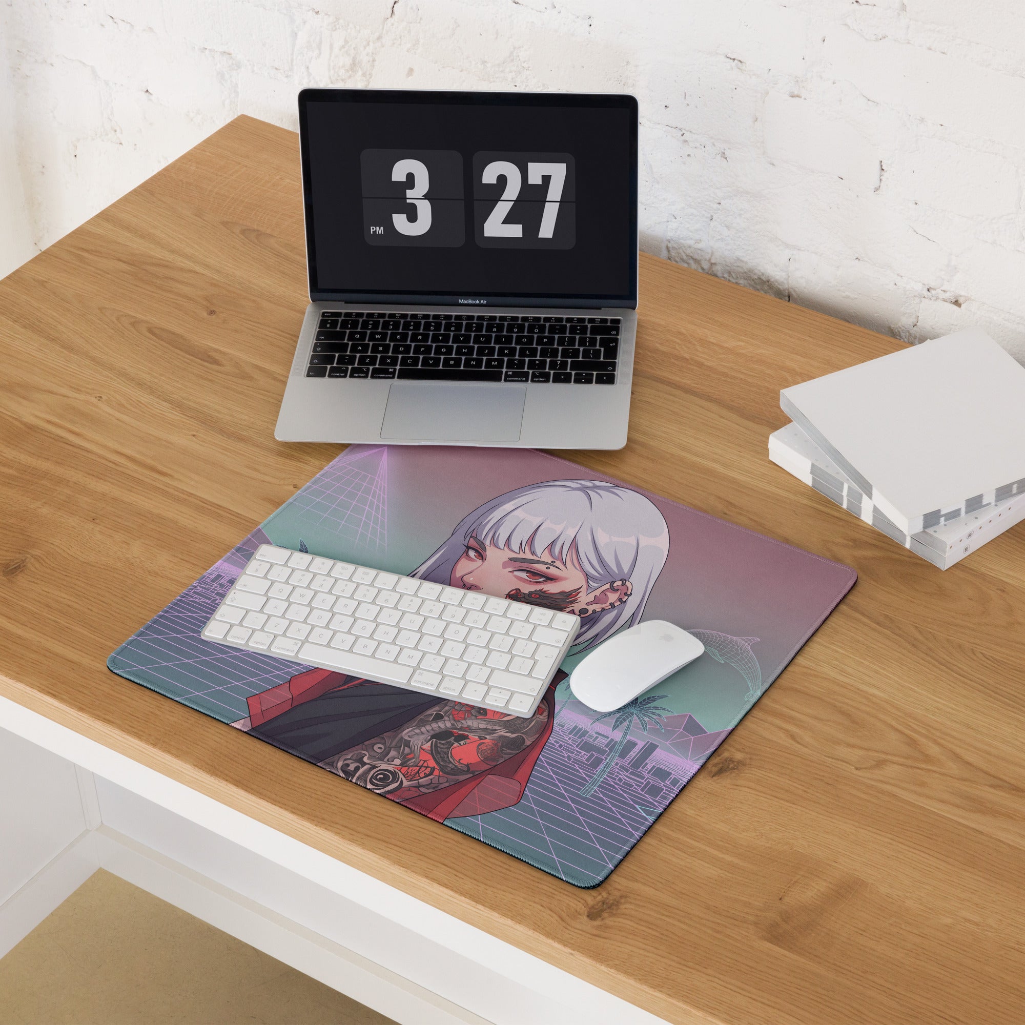 Rectangular soft mousepad featuring a vibrant anime silver hair girl with cyberpunk vaporwave purple pink teal design