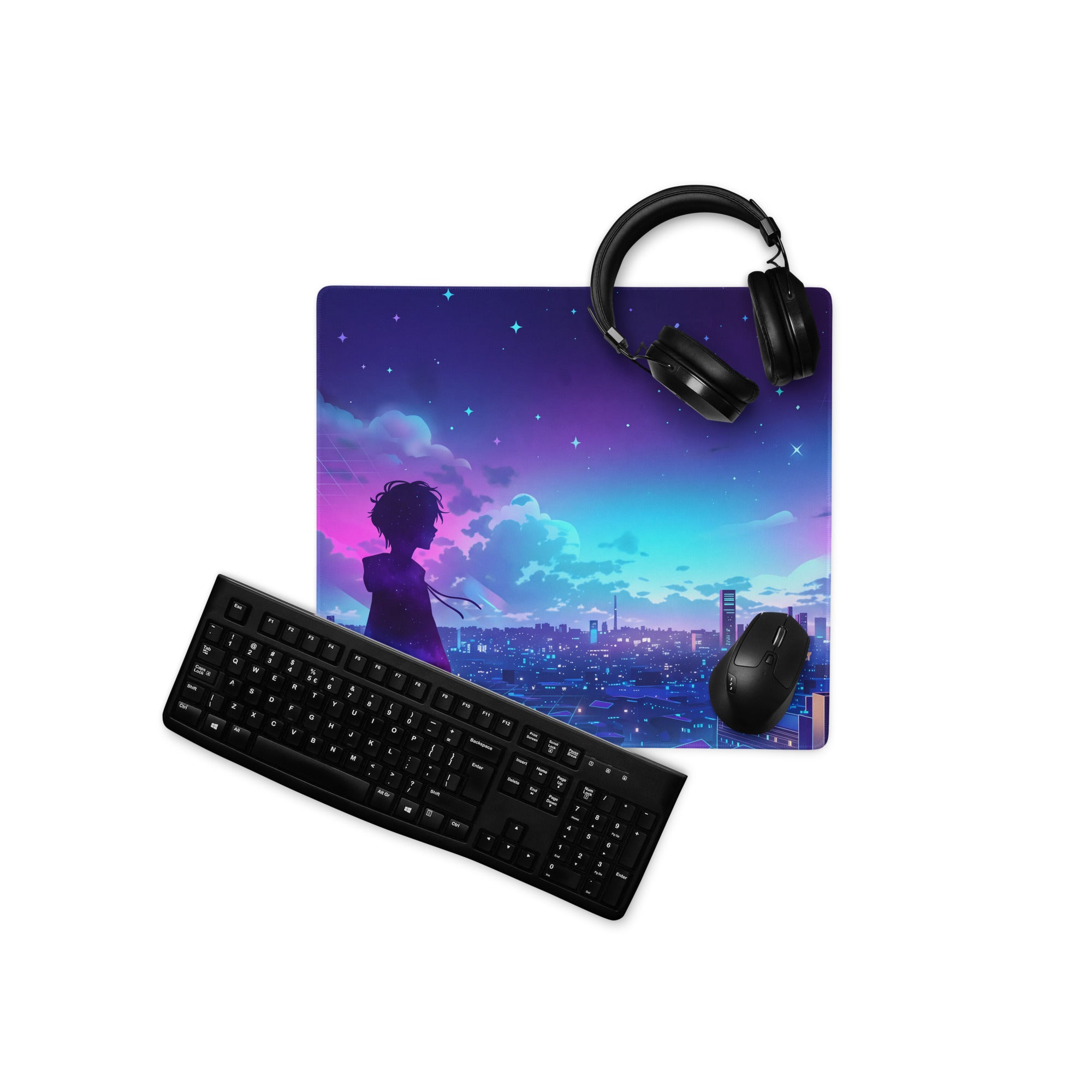 Rectangular gaming mousepad with a vibrant anime-style silhouette against a purple and blue starry cityscape background