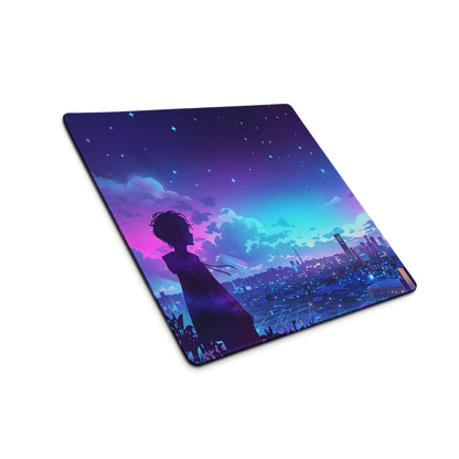 Rectangular gaming mousepad with anime silhouette and dreamy cityscape in pink purple blue vaporwave neon colors