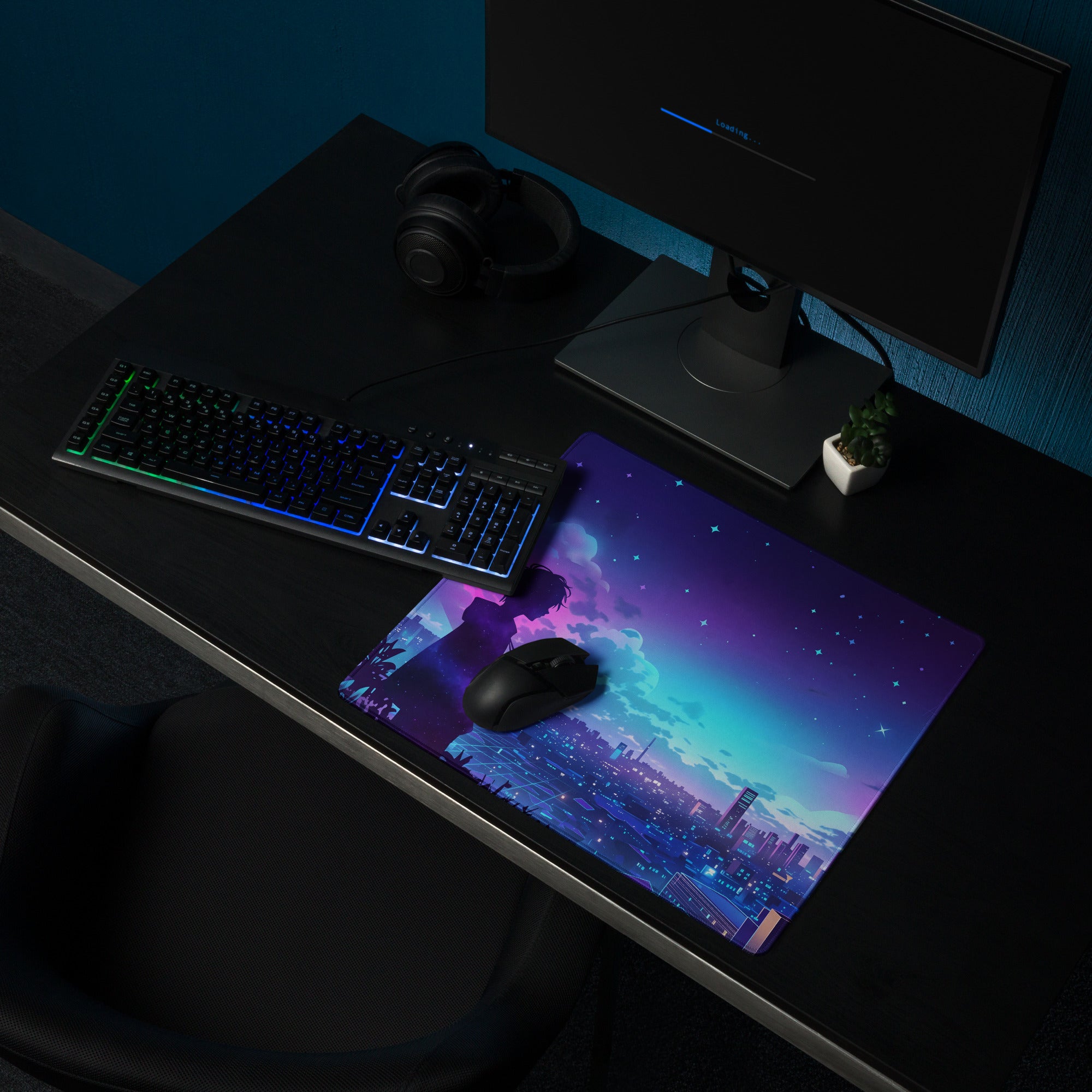 Vaporwave night city mouse pad with vibrant purple and teal anime silhouette design on a starry sky for gaming desk