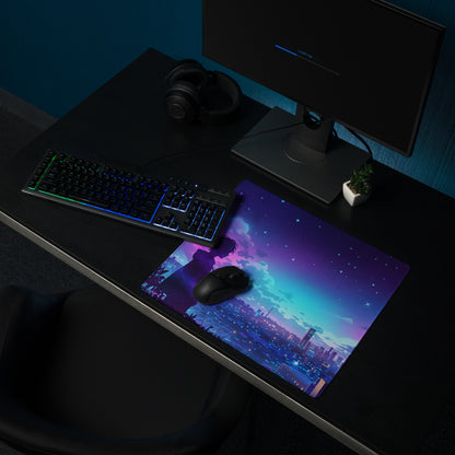 Vaporwave night city mouse pad with vibrant purple and teal anime silhouette design on a starry sky for gaming desk