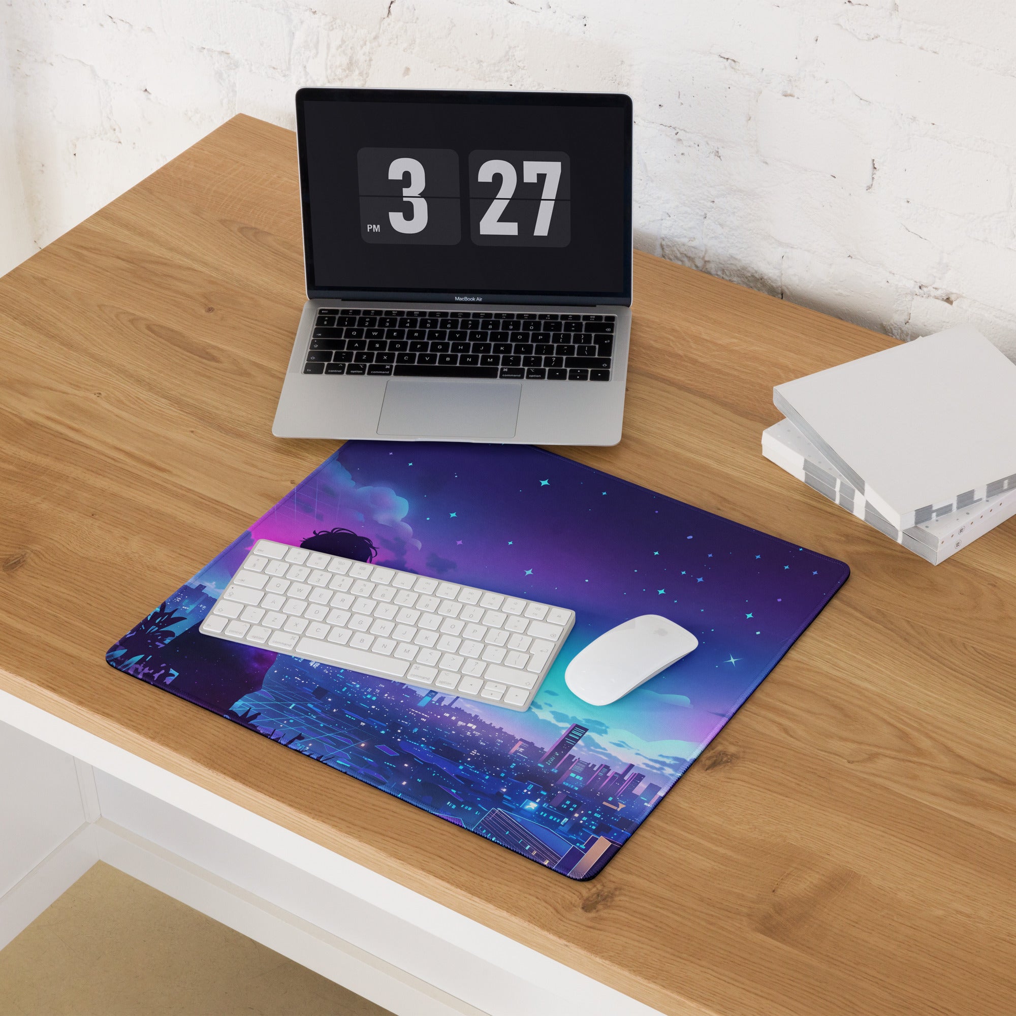 Vibrant purple and blue galaxy-themed vaporwave night city mouse pad with cityscape design for gaming desktop use
