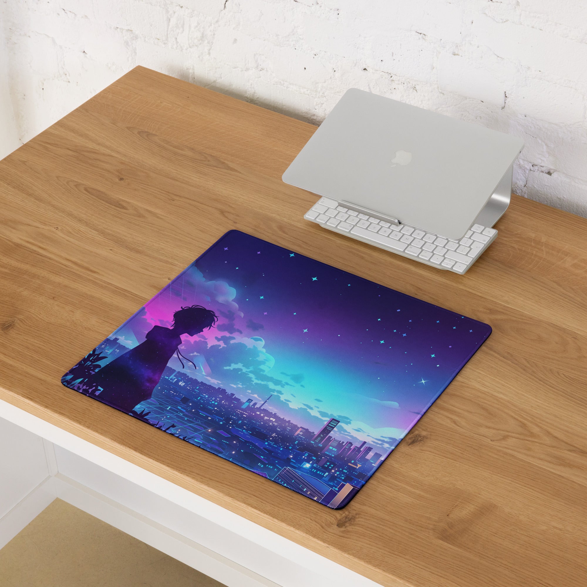 Vibrant anime-themed vaporwave night city mouse pad with purple teal hues silhouette for gaming desktop use