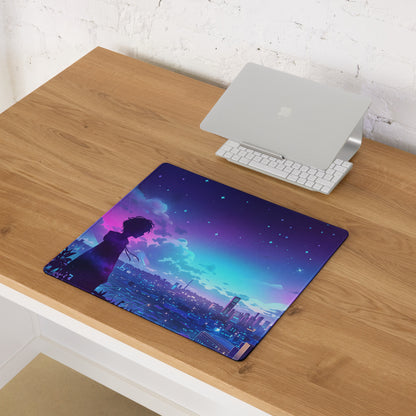 Vibrant anime-themed vaporwave night city mouse pad with purple teal hues silhouette for gaming desktop use