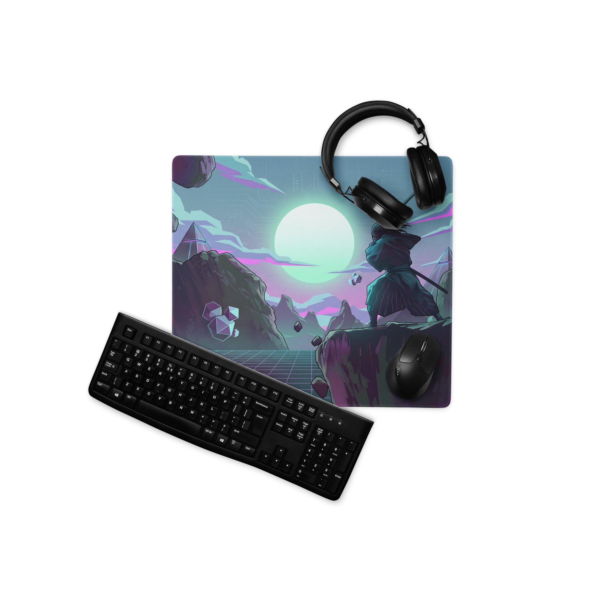 Black keyboard with matte finish and standard qwerty layout on a vaporwave neon pink cyan gaming desk mat