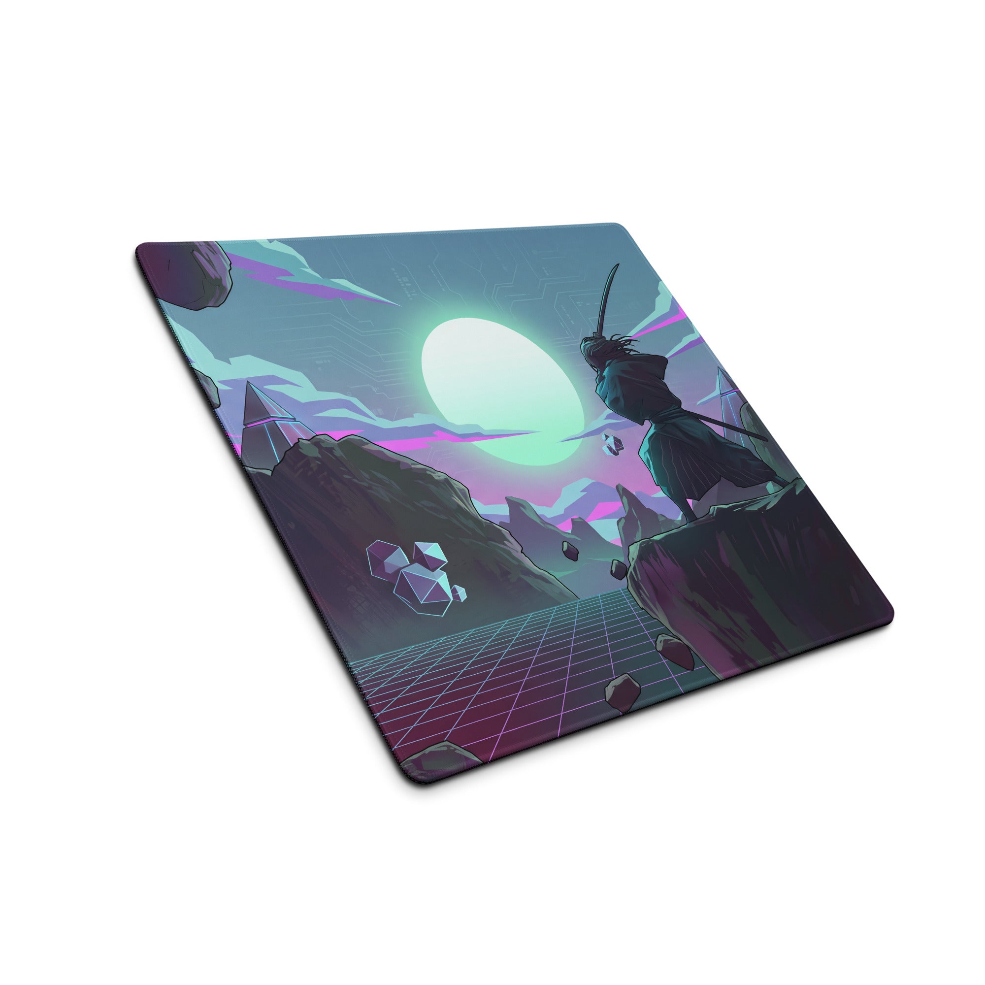 Vaporwave neon gaming desk mat featuring a ninjago-themed cyberpunk design with neon purple teal hues and a ninja under moon