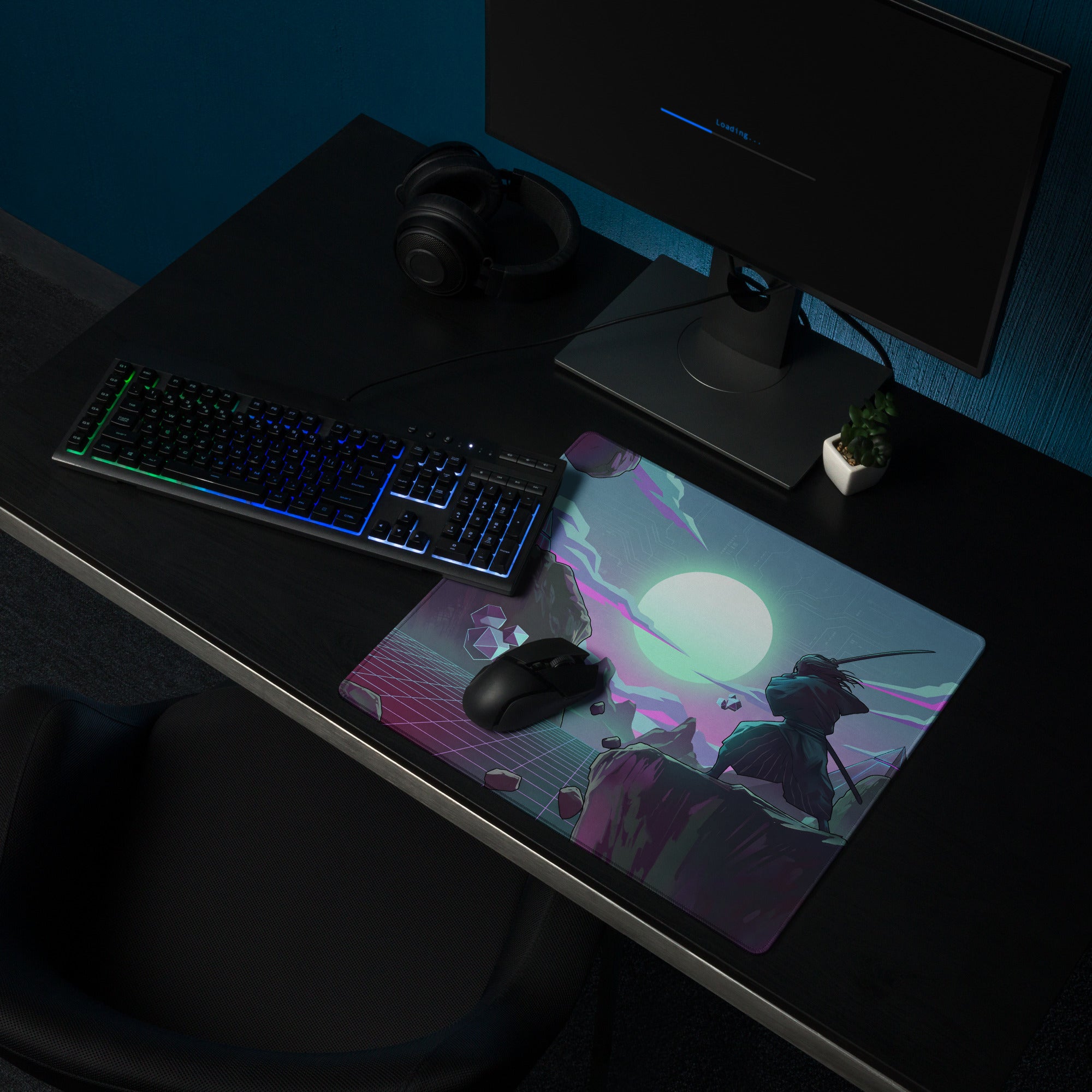Vaporwave neon gaming desk mat in vibrant pink and purple cyberpunk design with neon pink cyan hues on a dark background