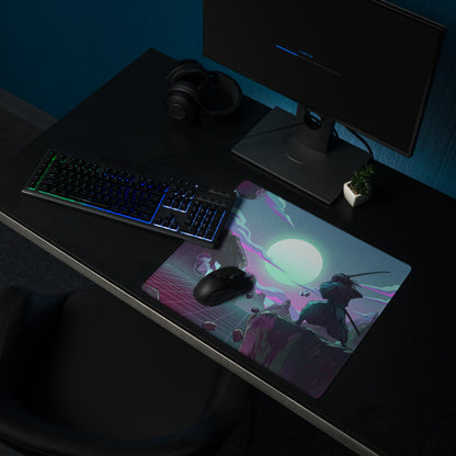 Vaporwave neon gaming desk mat in vibrant pink and purple cyberpunk design with neon pink cyan hues on a dark background