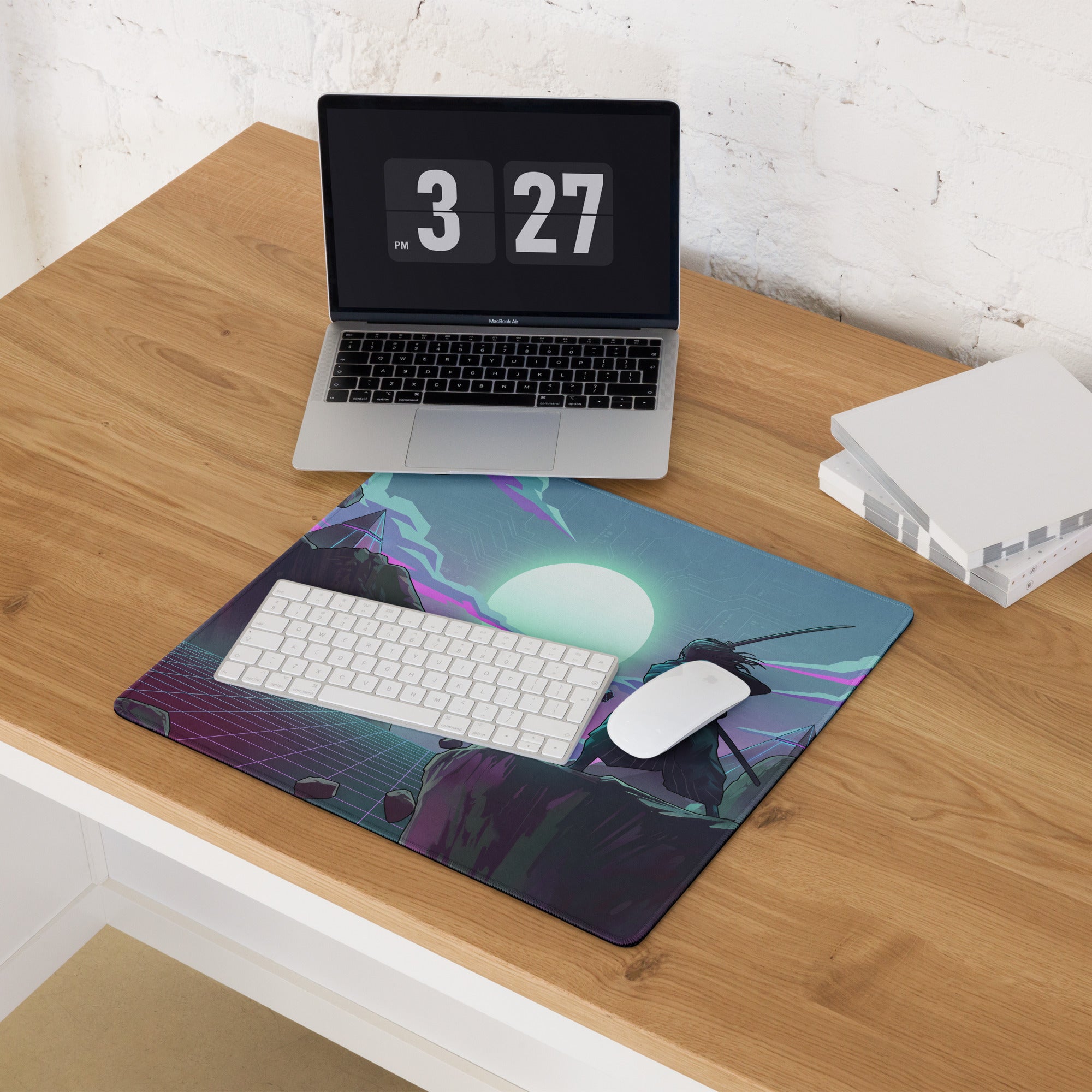 Vaporwave neon gaming desk mat featuring a vibrant retro-futuristic design with neon purple teal lightning bolts and anime insect silhouette