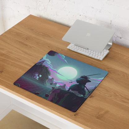 Navy blue and purple vaporwave neon gaming desk mat featuring a samurai under a glowing moon in a cyberpunk setting