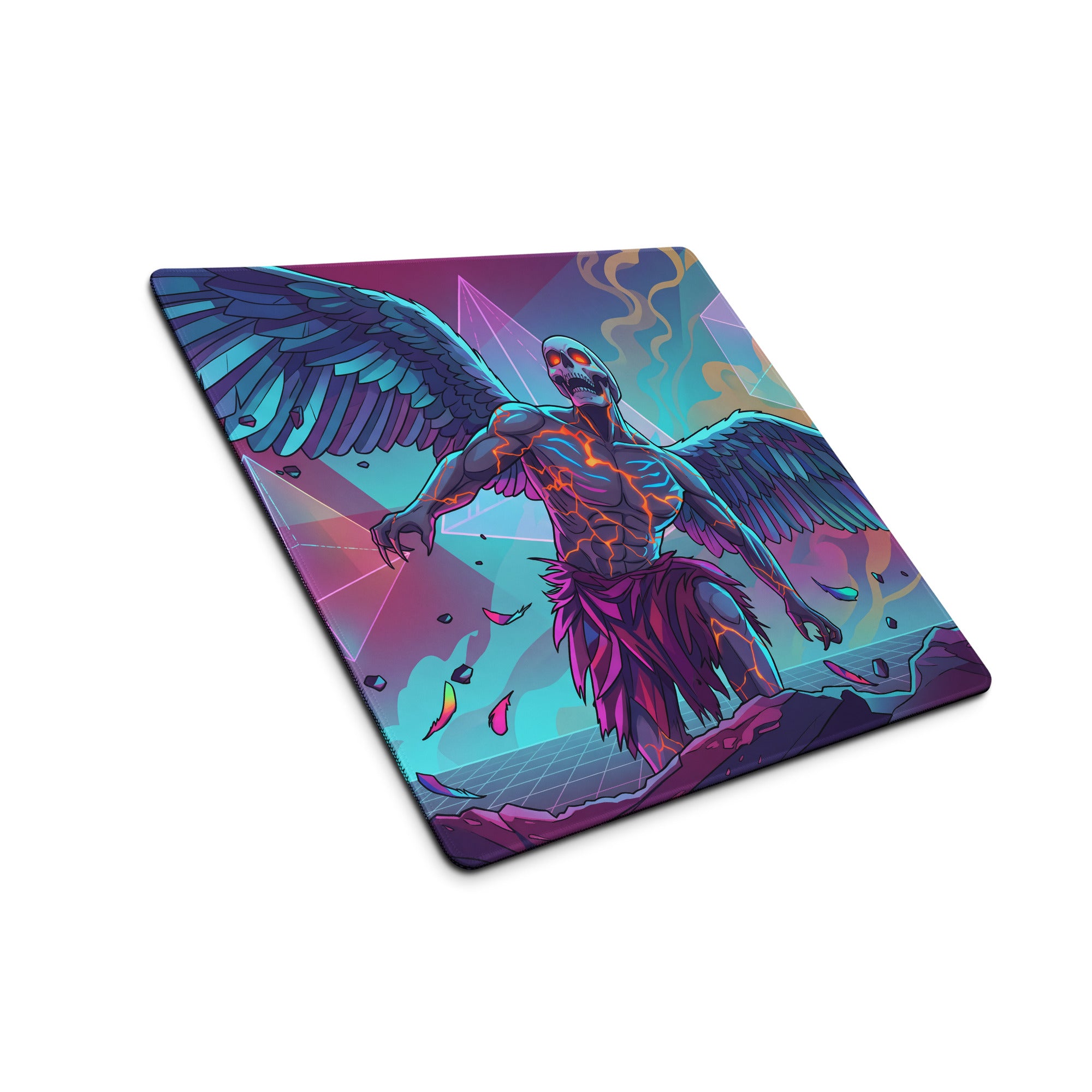 Vaporwave winged skeleton mouse pad with neon purple wings and glowing orange veins on a cosmic geometric background